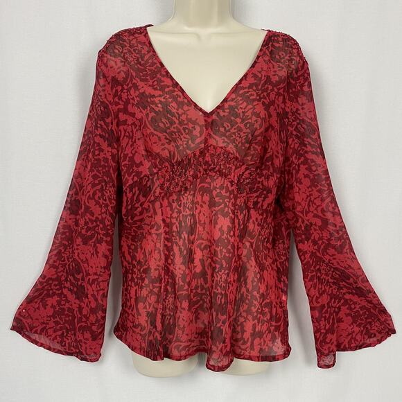 Cato Tops - Cato Sheer Babydoll Top Womens XL Red Beaded V Neck Bell Sleeve Whimsigoth Boho
